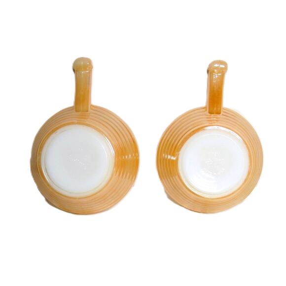 Fire King Peach Luster Ovenware Ribbed Handled Soup Bowls Set of 2 Vintage 1970s - Picture 4 of 5